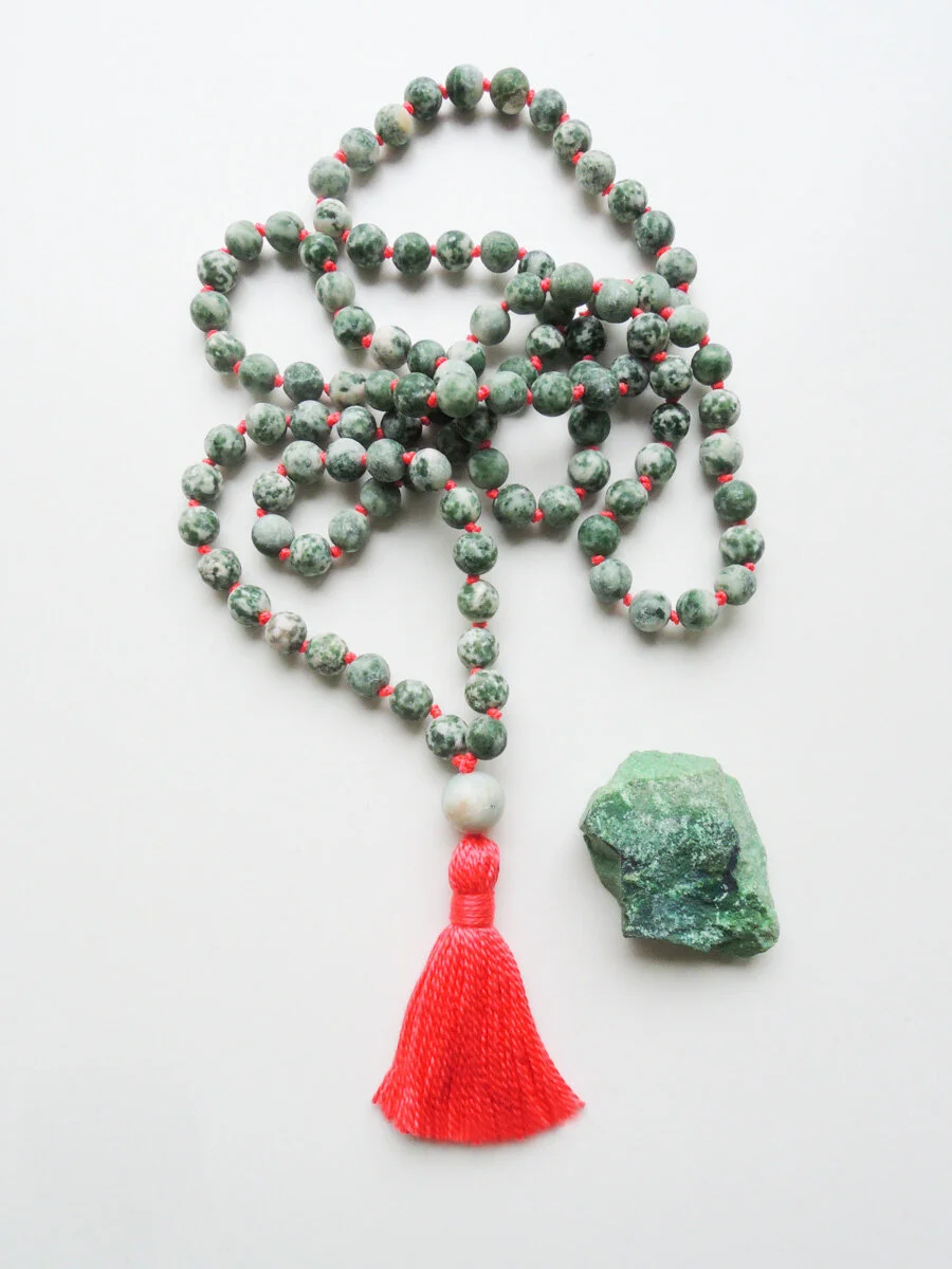 Moss Agate with Neon Red Mala | 108 Beads