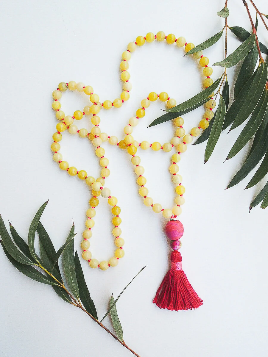 Lemon Jade Mala with Hot Red Tassel