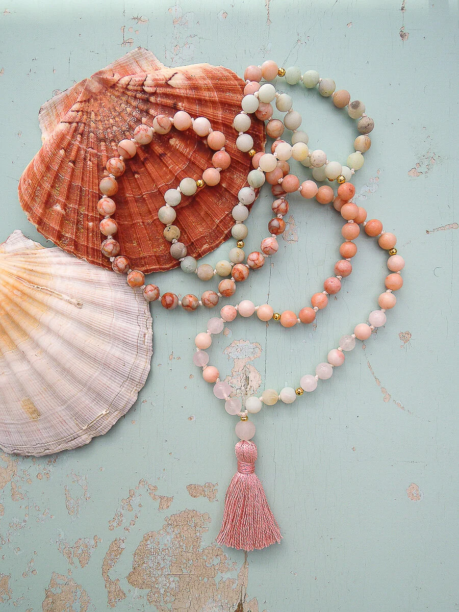 Sea Treasures Mala with Rose Pink tassel | 108 Beads