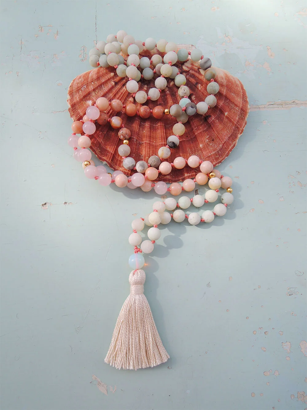 Sea Treasures Mala Beads with White Tassel | 108 Beads