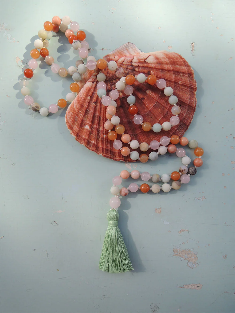Sea Treasures Mala with Mint Tassel | 108 Beads