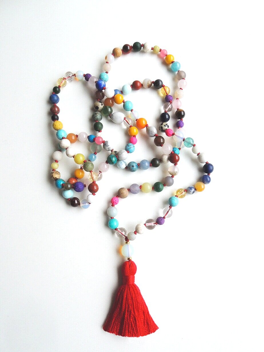 Summer Color Gemstone Necklace with Red Tassel |  128 Beads