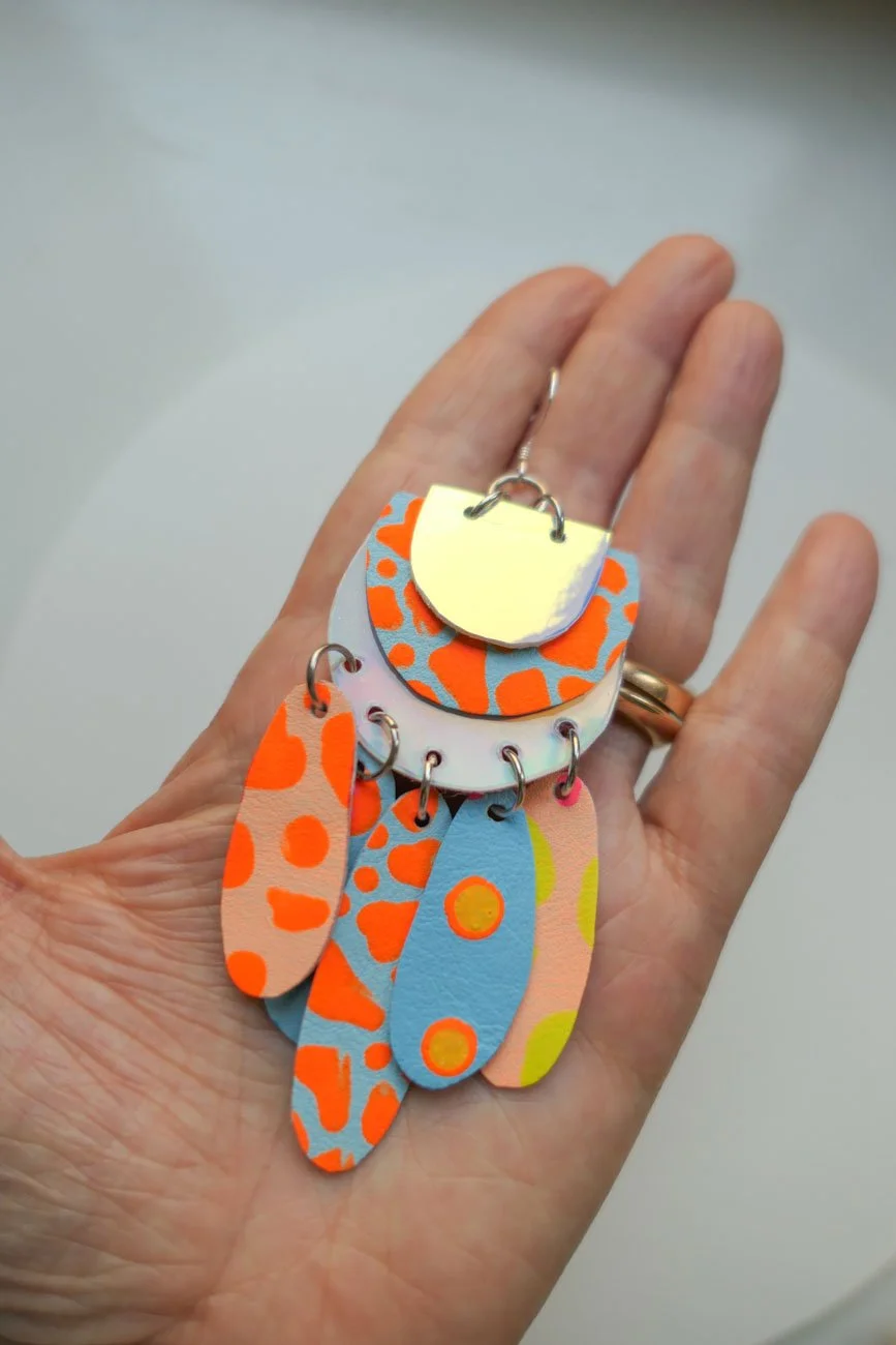 colourful handmade leather earrings by Nikkotakko Jewelry