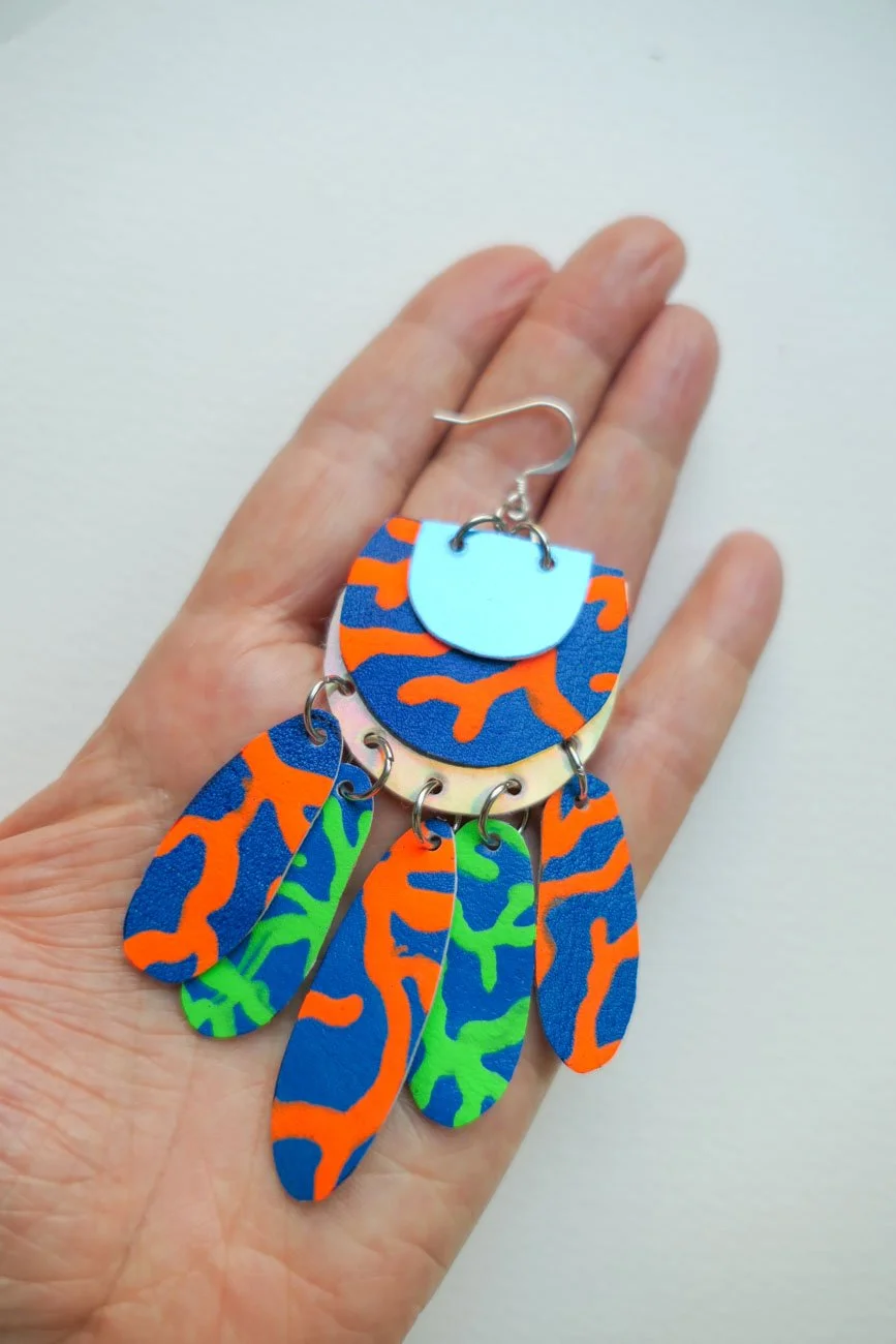 colourful handmade leather earrings by Nikkotakko Jewelry