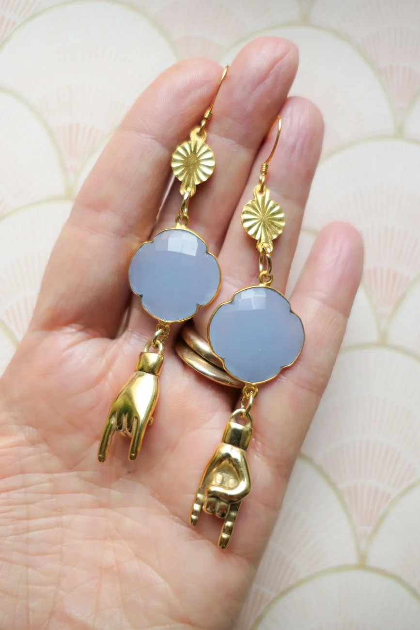 Apana Mudra Blue Chalcedony Statement Earrings by Nikkotakko