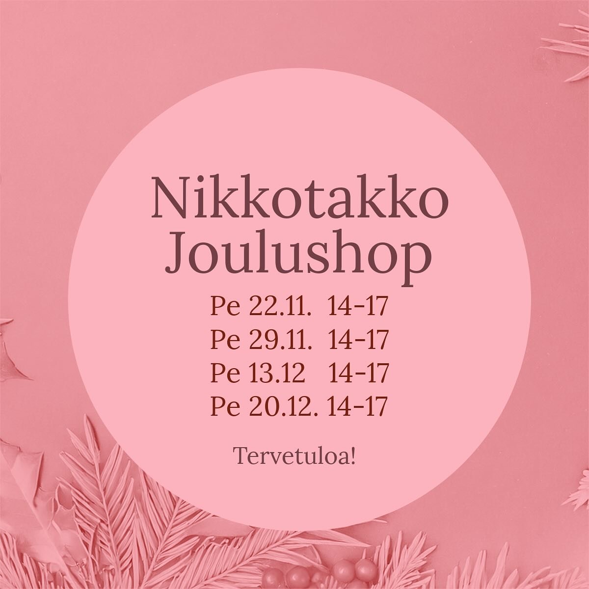 Nikkotakko Joulushop on avoinna 
perjantaisin:
22. ja 29.11. Klo 14-17 
13. ja 20.12. klo 14-17 🎄🎄🎄
Tervetuloa ihastumaan k&auml;sity&ouml;n&auml; valmistettuihin uniikkikoruihin ja l&ouml;yt&auml;m&auml;&auml;n kauneimmat lahjat Jouluksi ❤️
Paikk
