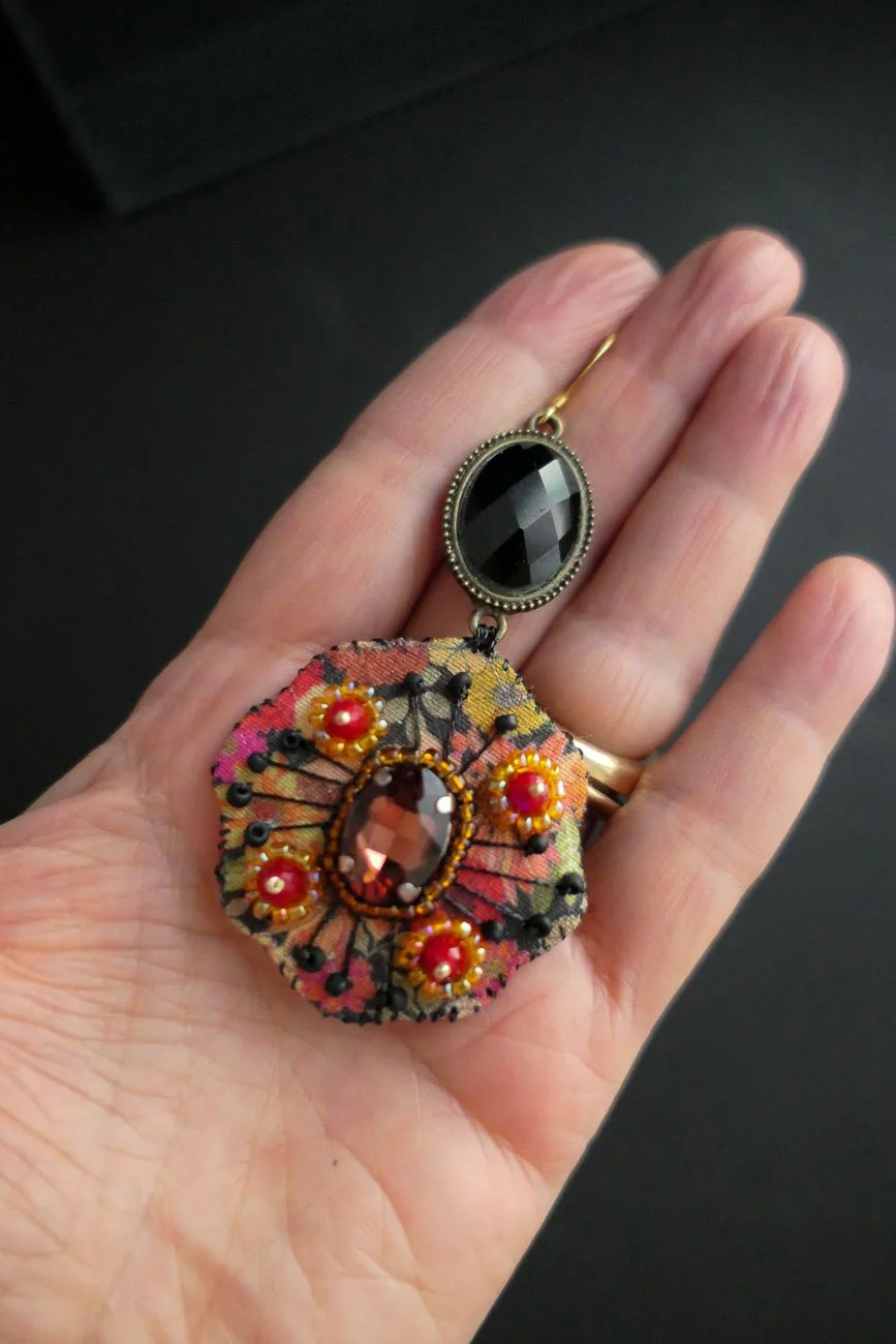 Embroidered Autumn Poppy Haute Couture Earrings