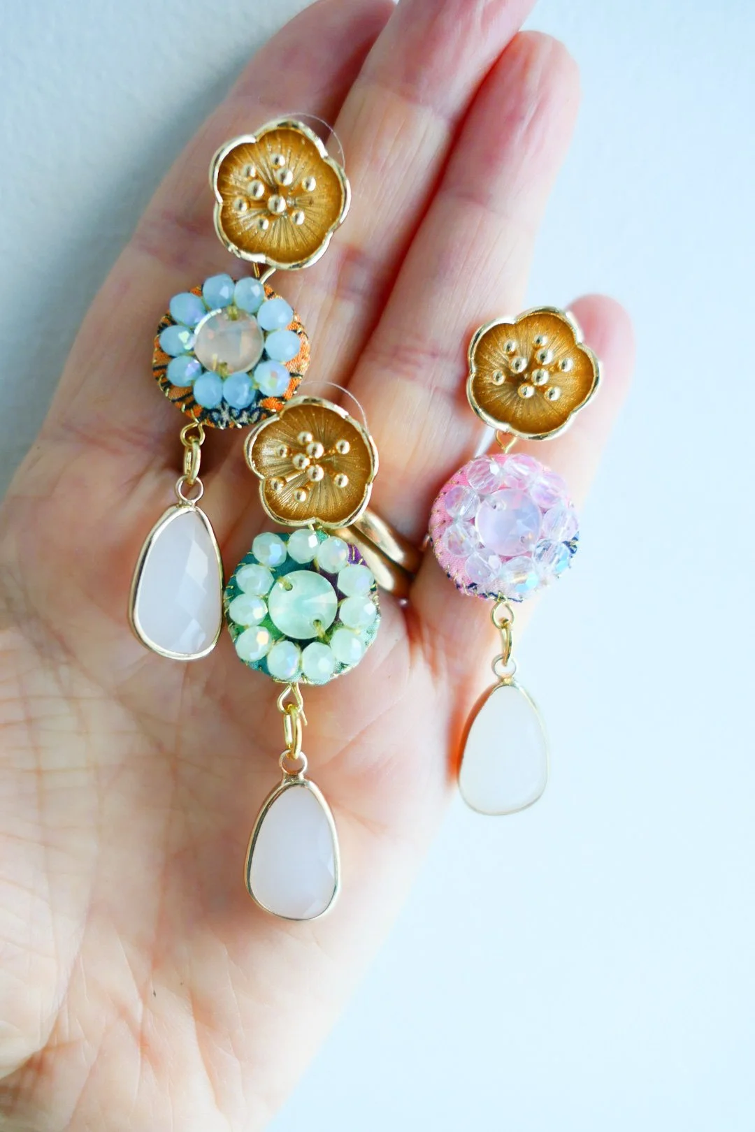 Colorful Hand Embroided Silk and Glass Bead Earrings