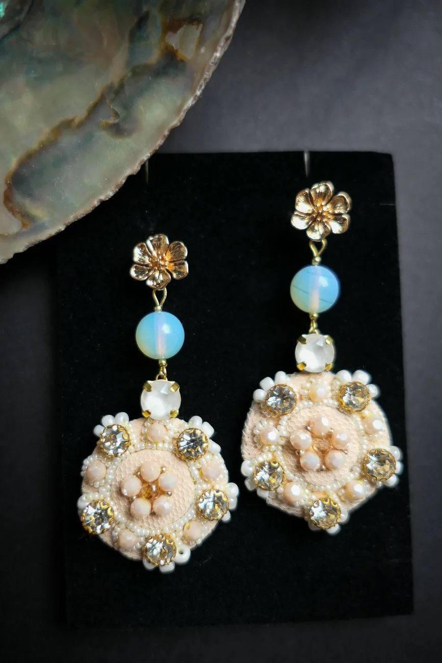 White Anemone Embroidered Haute Couture Earrings