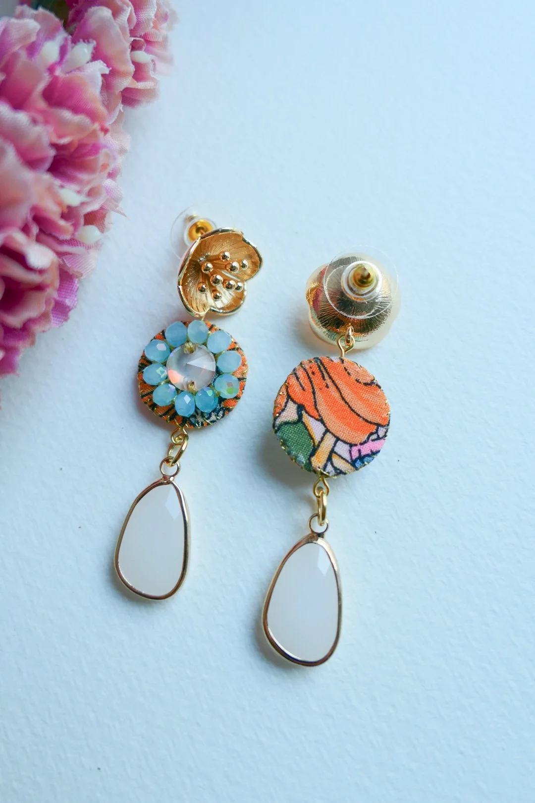 Colorful Hand Embroided Silk and Glass Bead Earrings