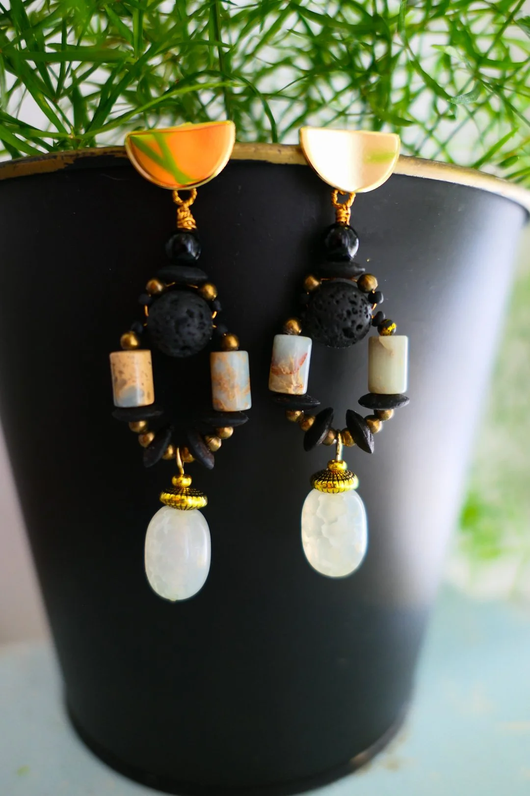 Black Coconut Gemstone Dangle Earrings