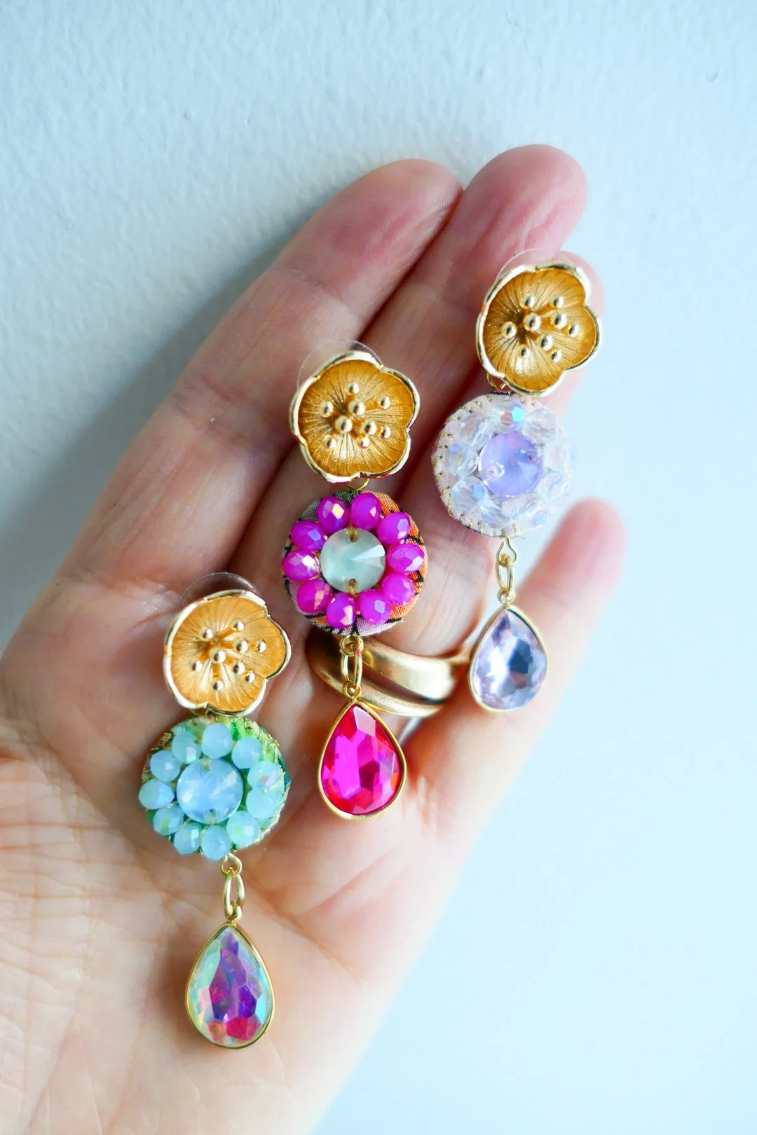 Colorful Hand Embroided Silk and Glass Bead Earrings