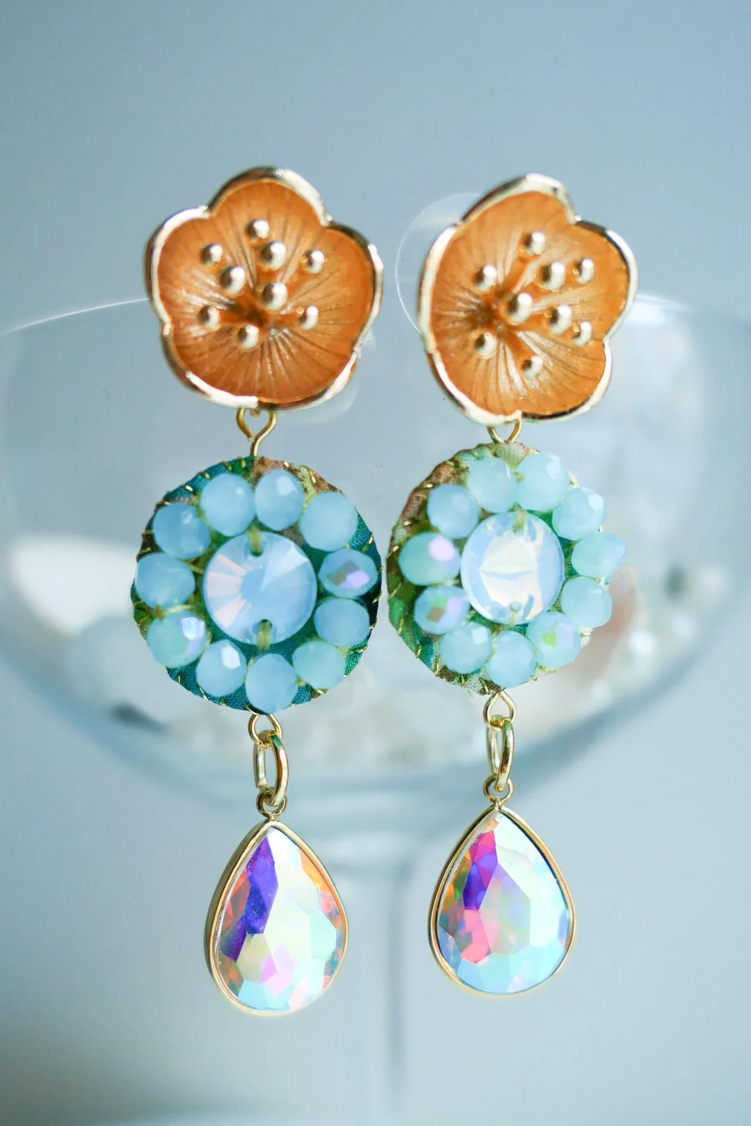 Colorful Hand Embroided Silk and Glass Bead Earrings