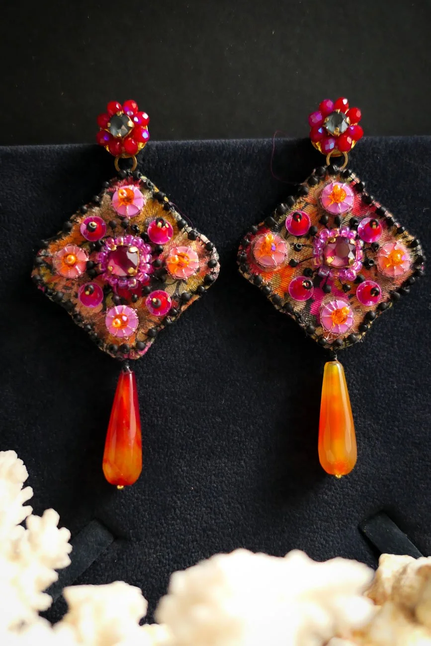 Red Poppy Haute Couture Hand Embroidered Earrings