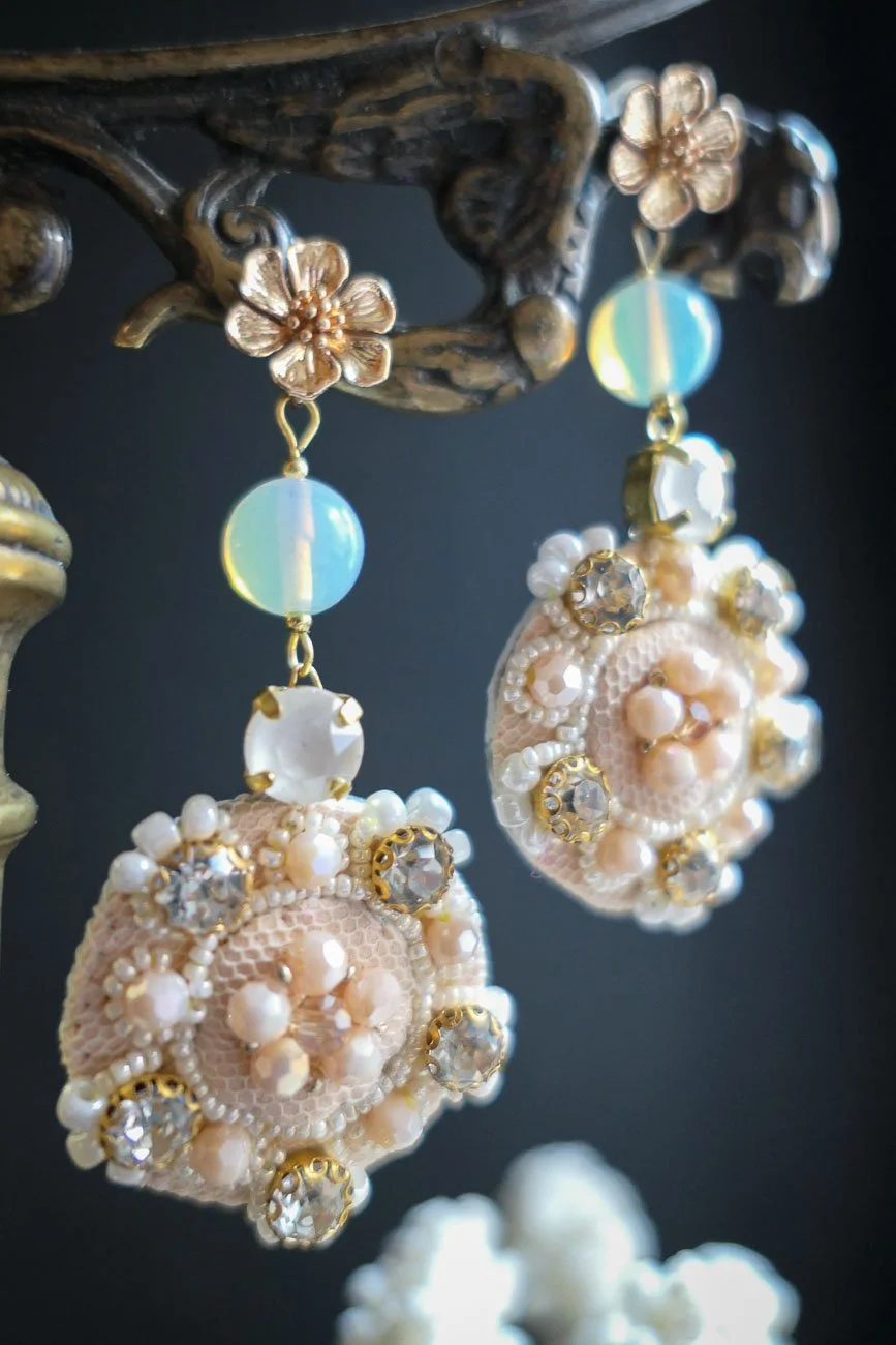 White Anemone Embroidered Haute Couture Earrings