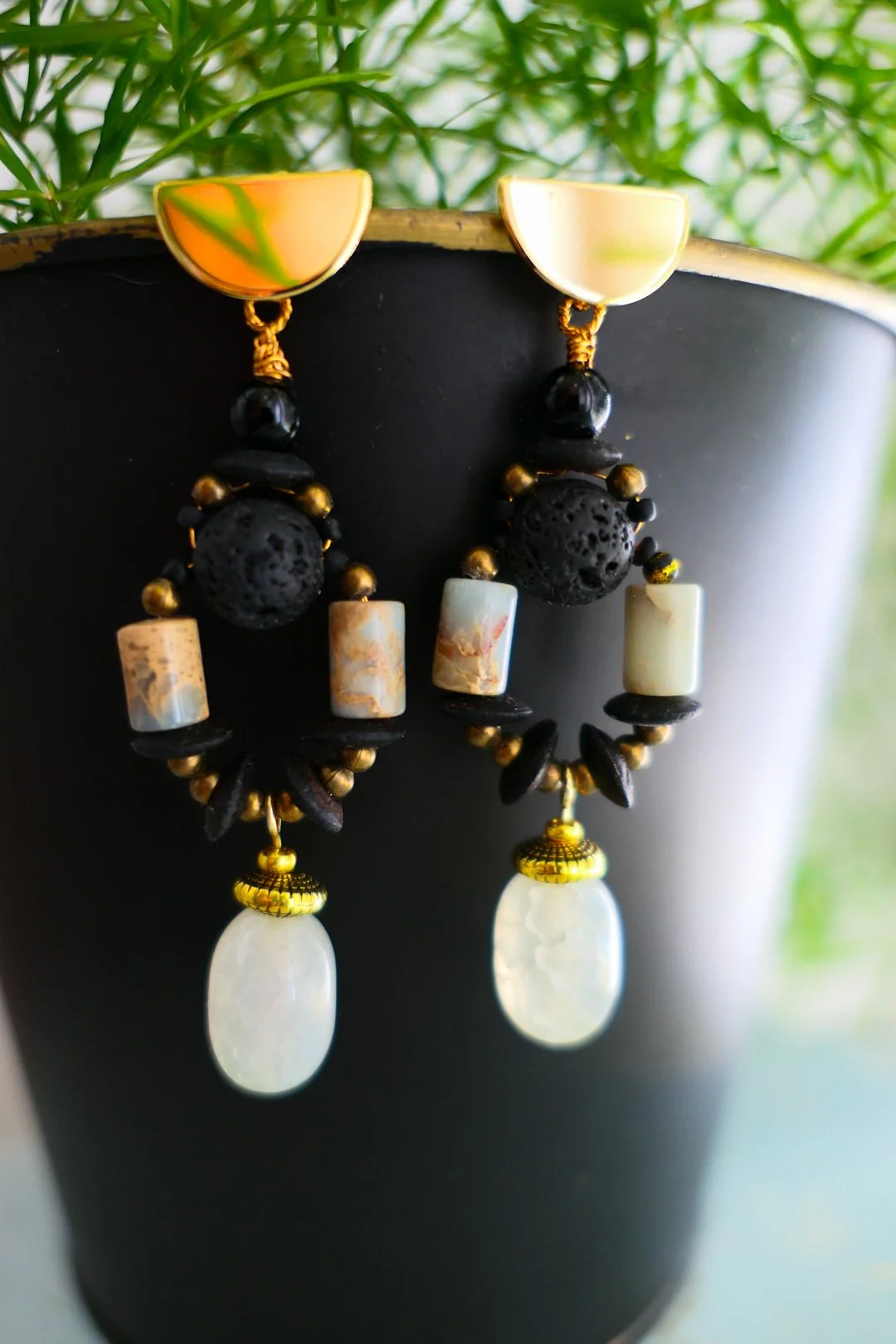 Black Coconut Gemstone Dangle Earrings