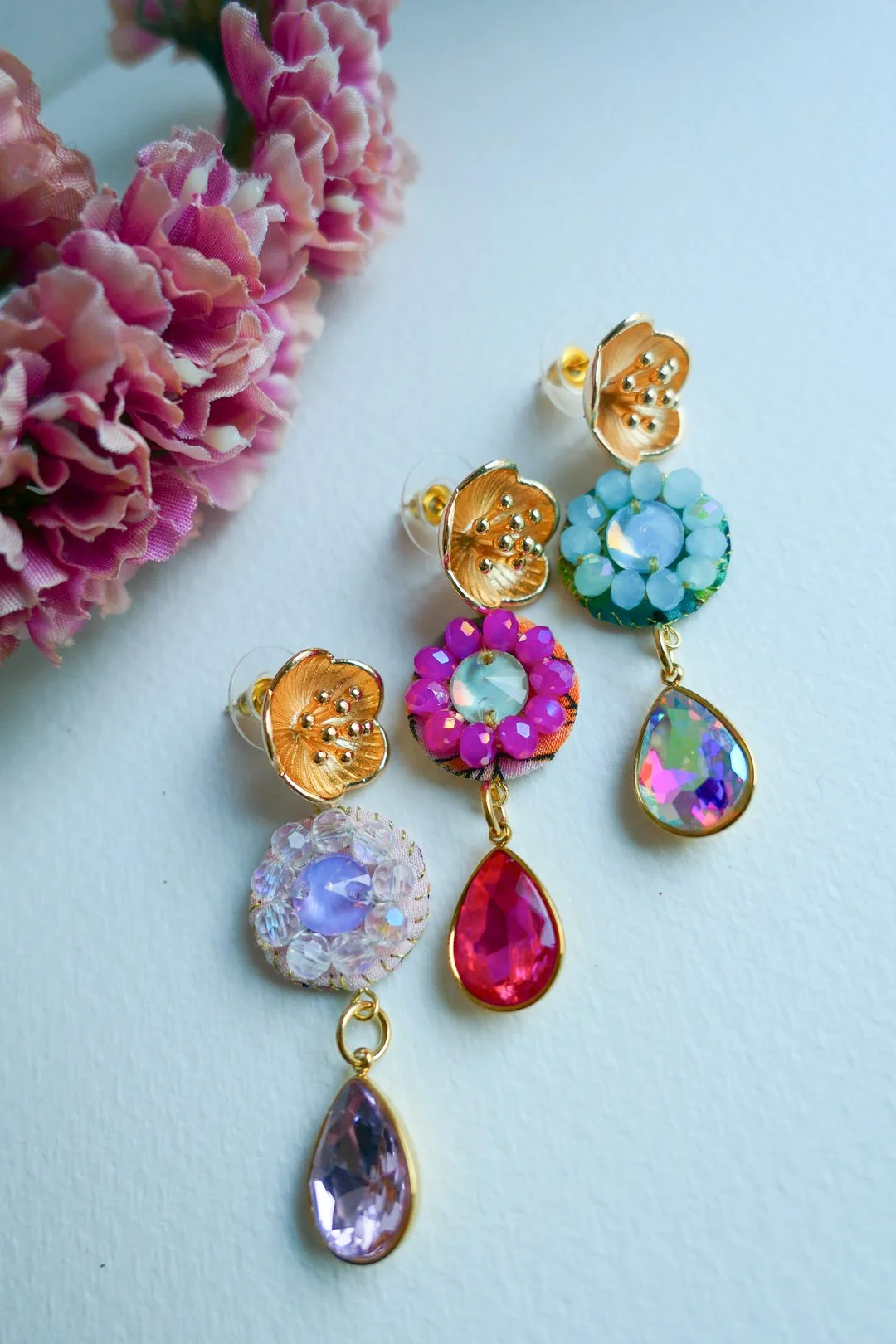 Blooming Spring - embroidered glass bead and silk Earrings