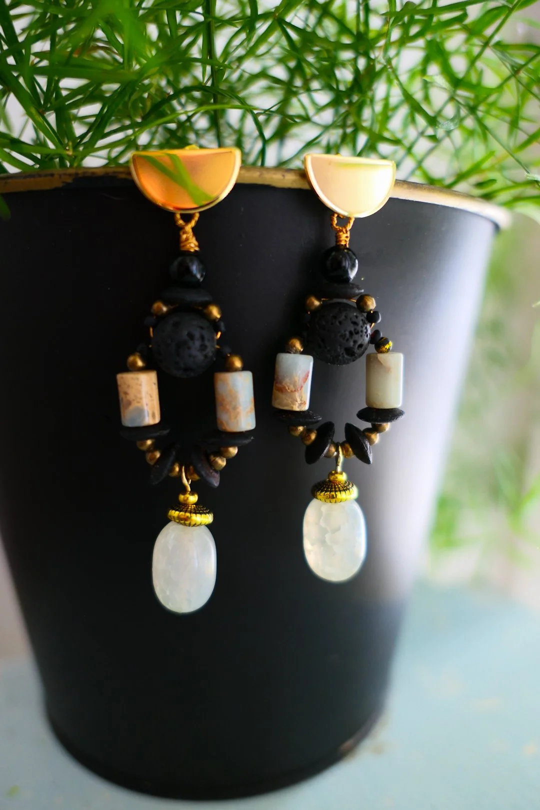 Black Coconut Gemstone Dangle Earrings