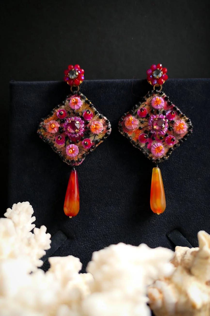 Red Poppy Haute Couture Hand Embroidered Earrings