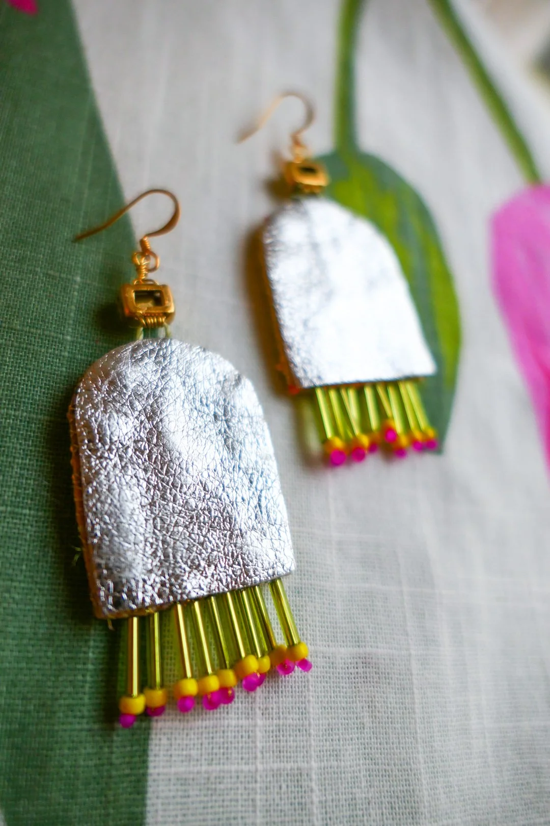 Details of Joy of Paradise Earrings hand crafted silk & glass bead earrings