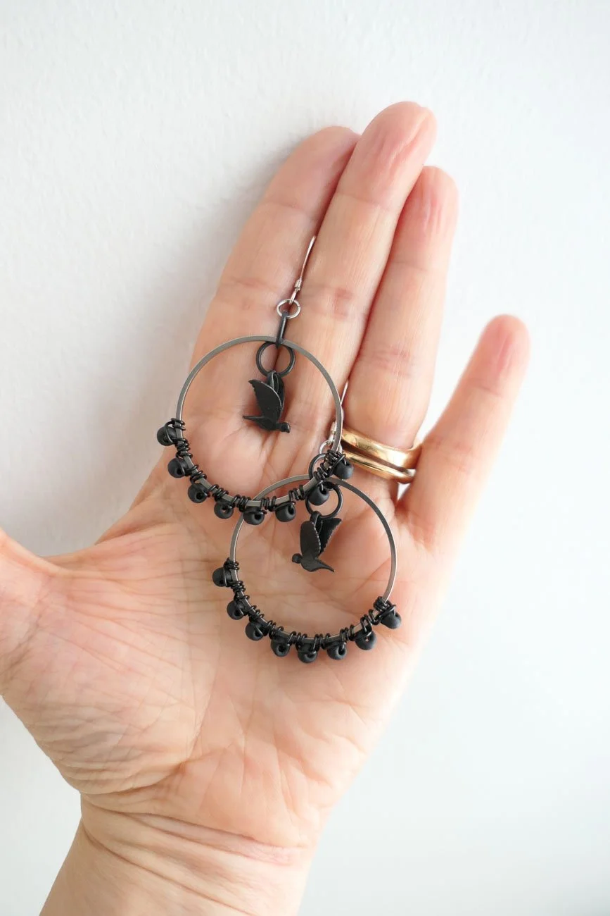 Black Dove  Glass Bead Statement Earrings