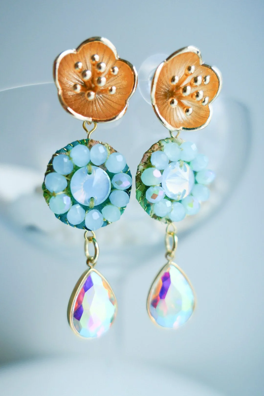 Colorful Hand Embroided Silk and Glass Bead Earrings