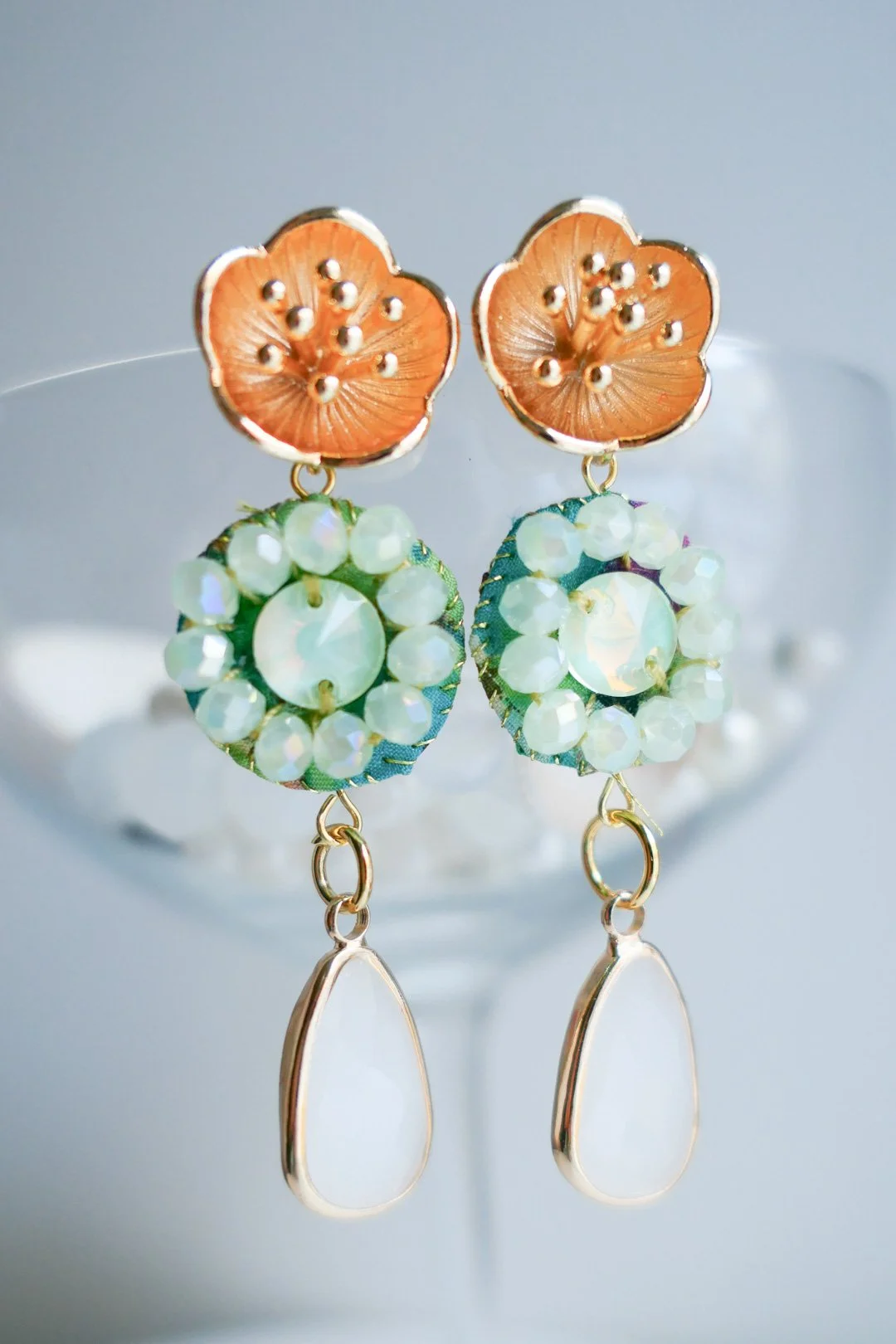 Colorful Hand Embroided Silk and Glass Bead Earrings