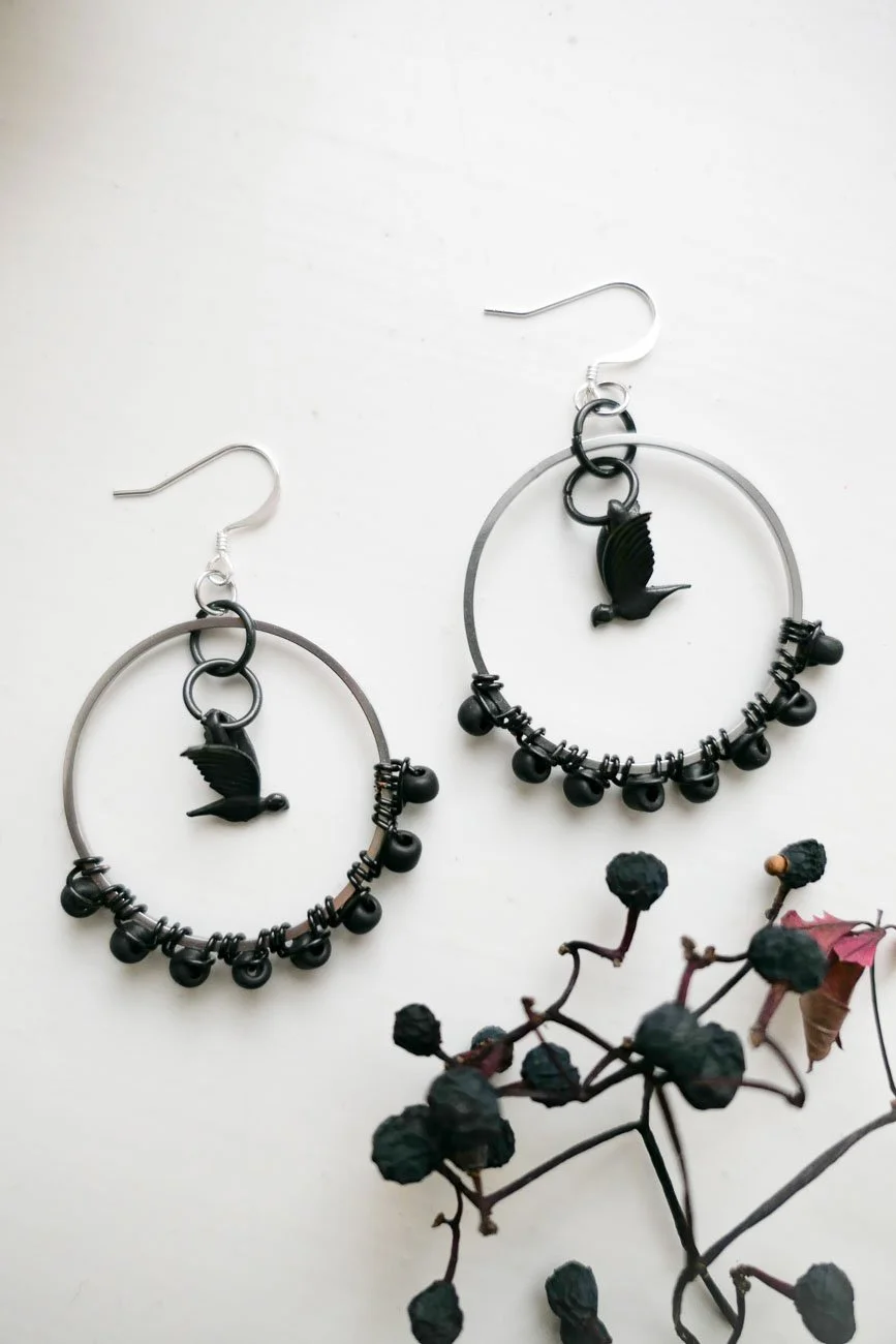 Black Dove  Glass Bead Statement Earrings