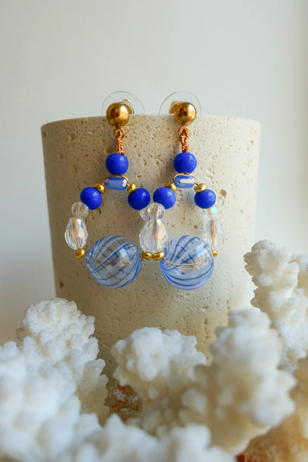 Transparent lines on Sea - glass bead earrings