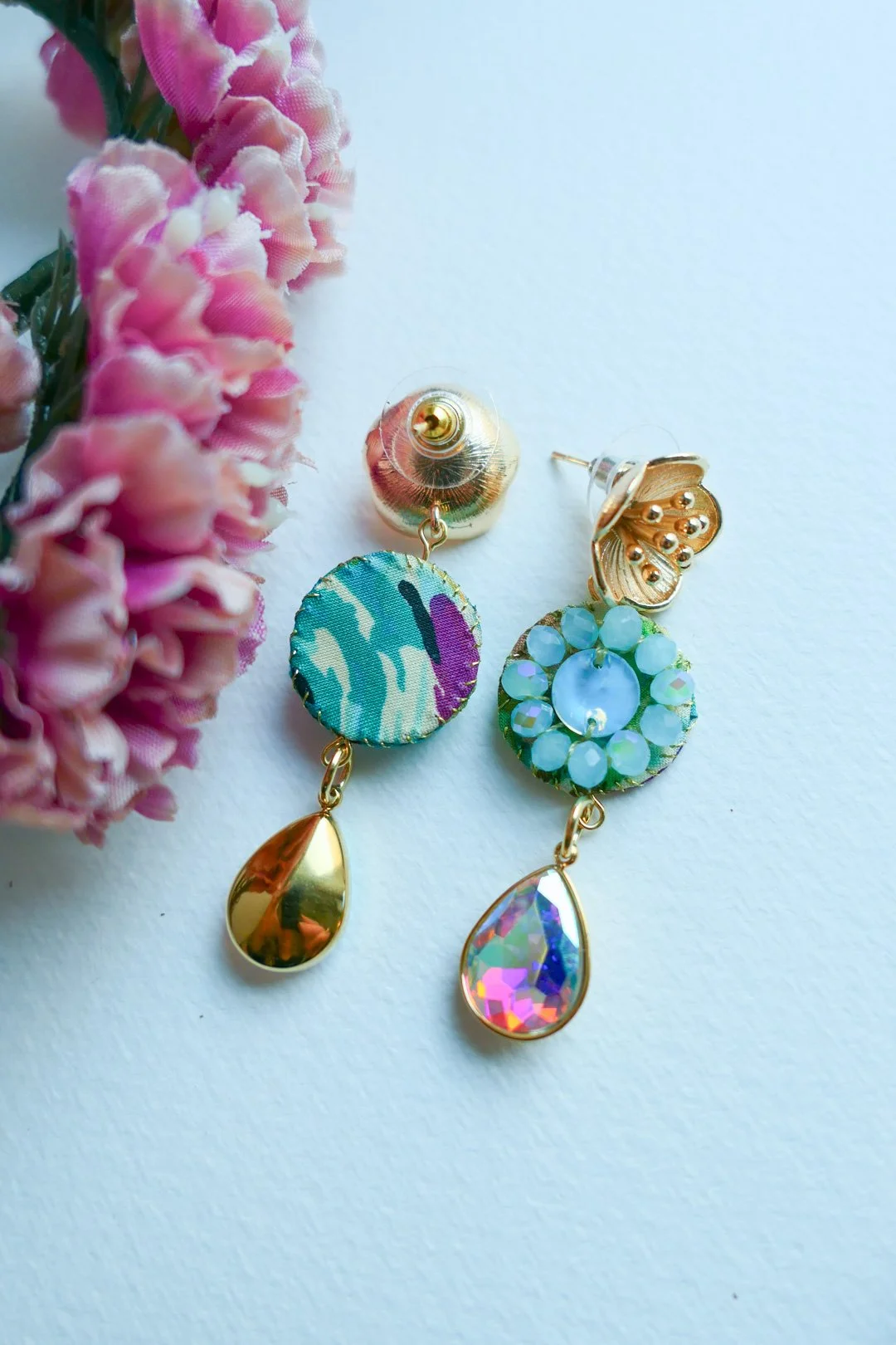 Colorful Hand Embroided Silk and Glass Bead Earrings