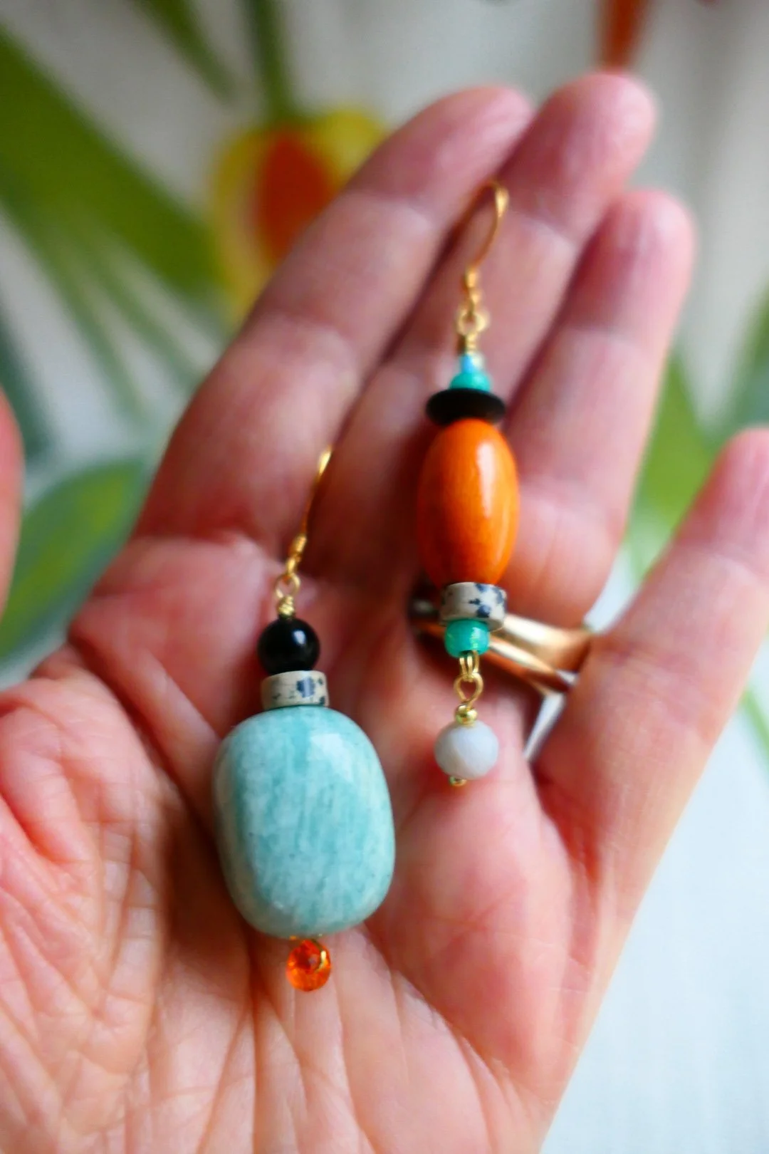 Dotted Zebra Wood and Gemstone Bead Earrings