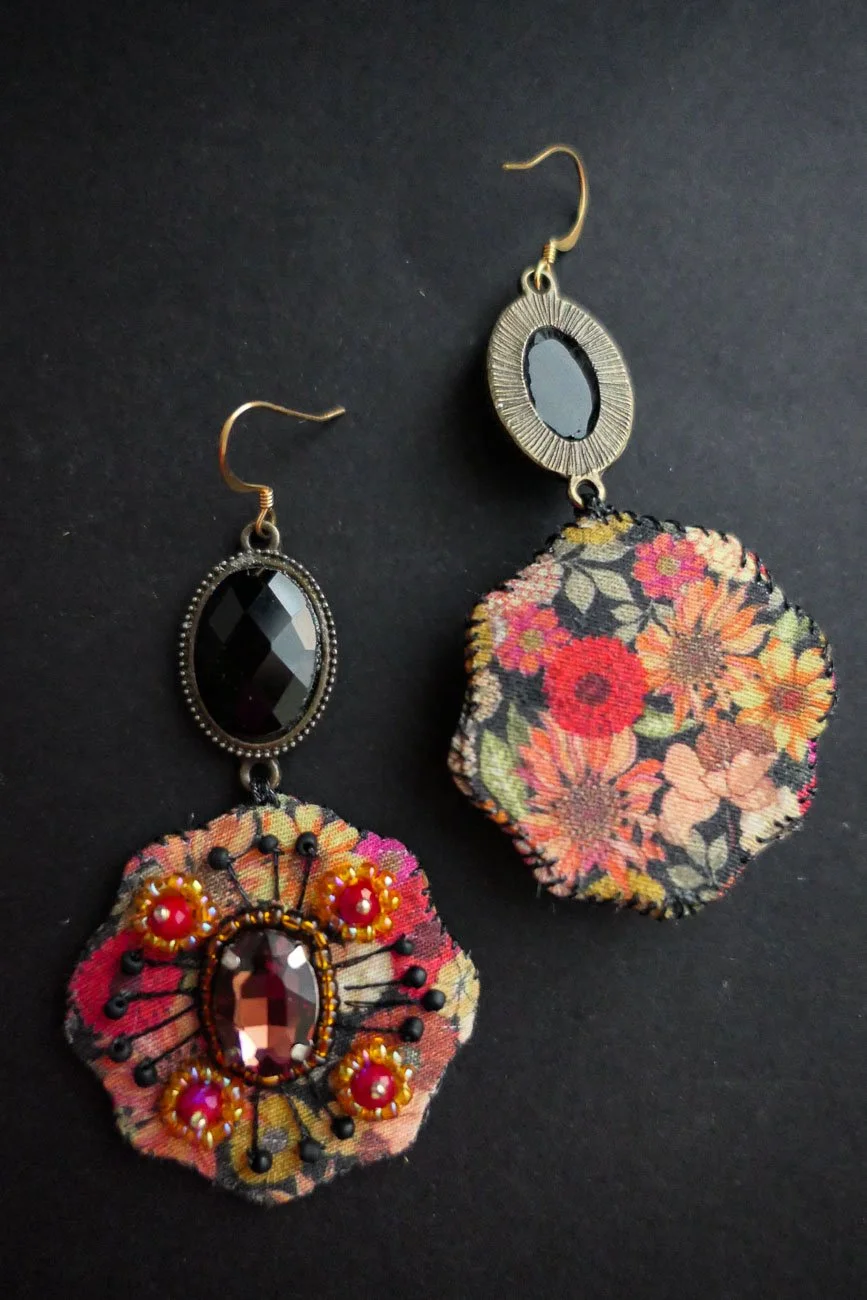Embroidered Autumn Poppy Haute Couture Earrings