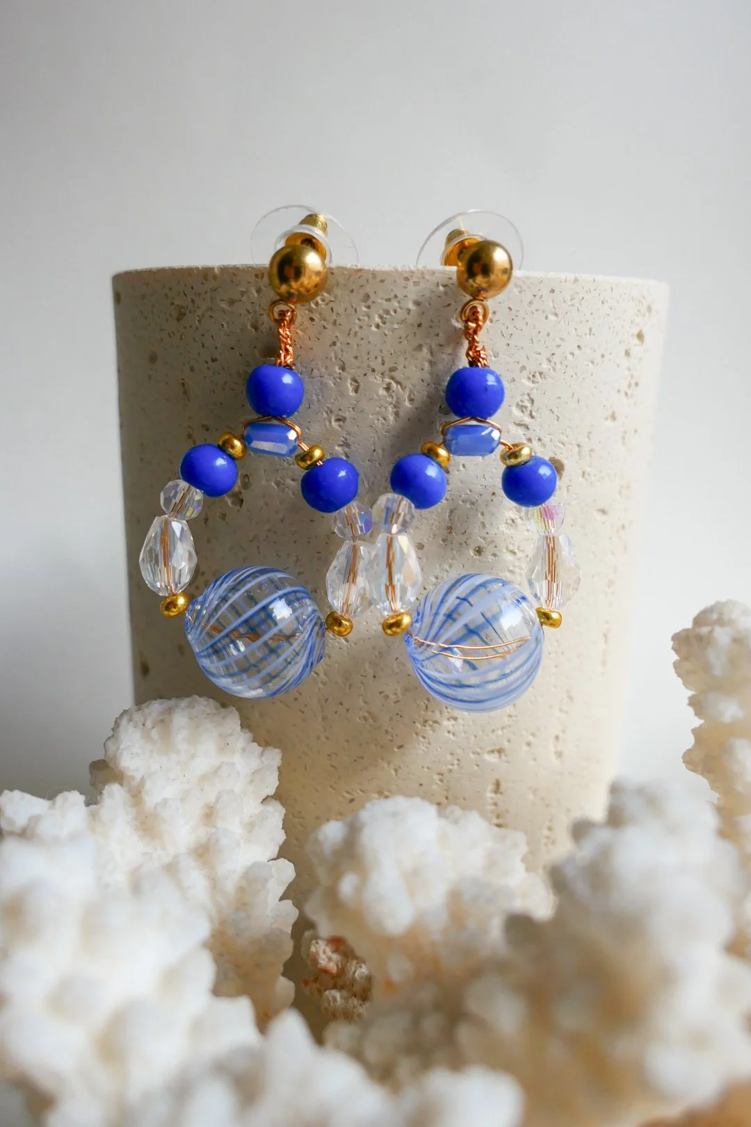 Transparent lines on Sea - glass bead earrings