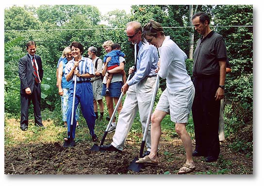   Park Board of Directors Sarah Kuhn, Larry Lenahan, and Sally McMahon break ground while Jocelyn Warren and Jim Watson wait their turn.  