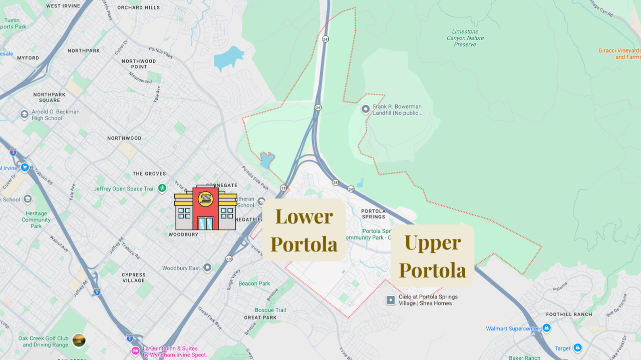 Map showing different areas of Portola Springs and nearby amenities