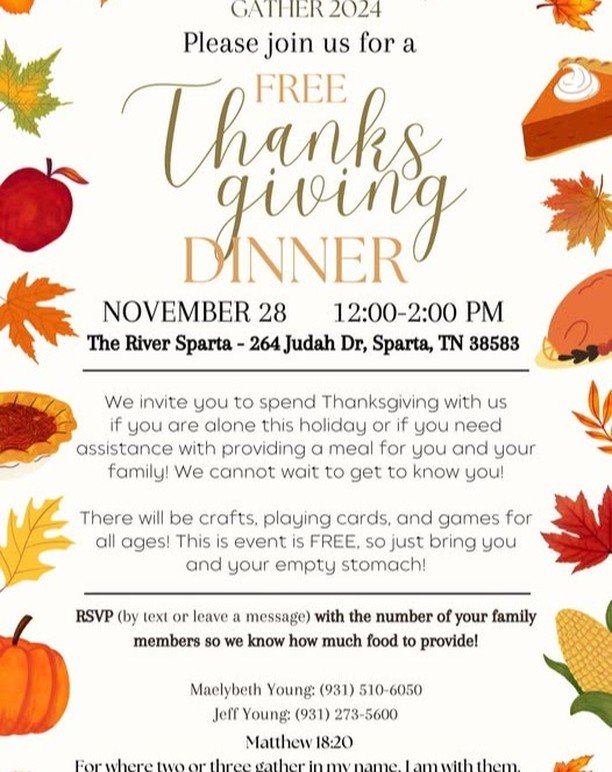 If you're local to Sparta and need company for a Thanksgiving meal, come join us this Thursday at River Sparta.