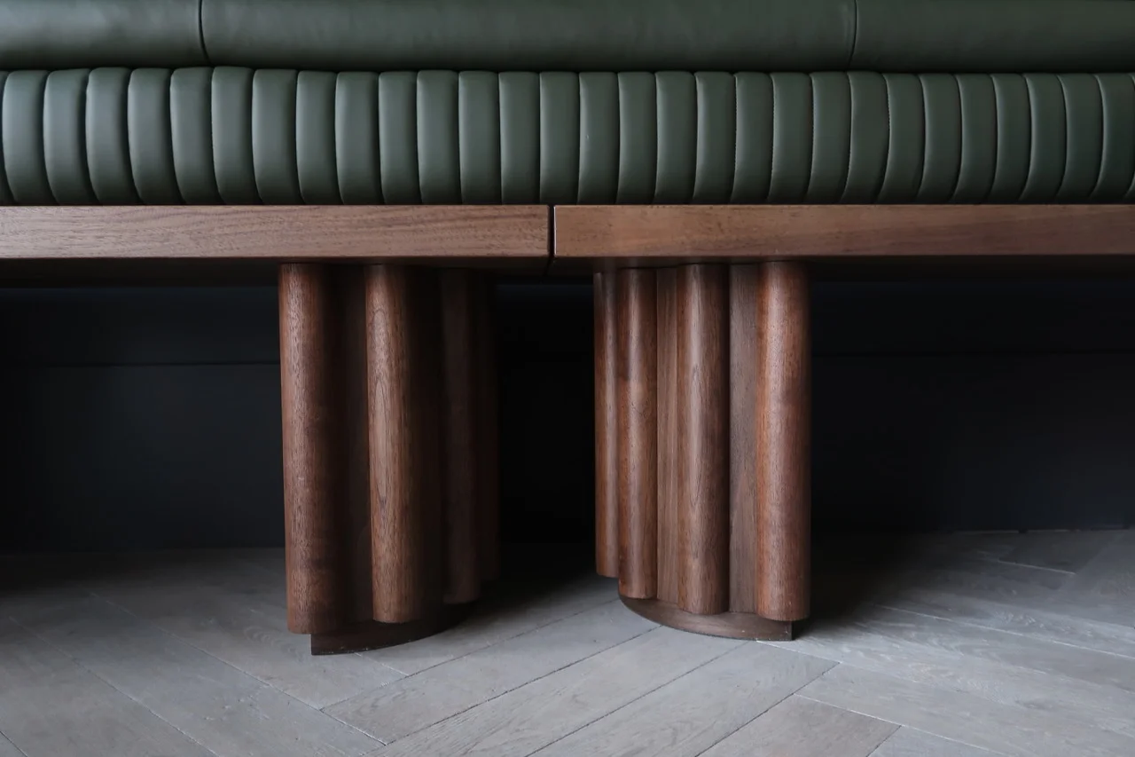  Custom bench: black walnut base, channel tufted leather seat back 