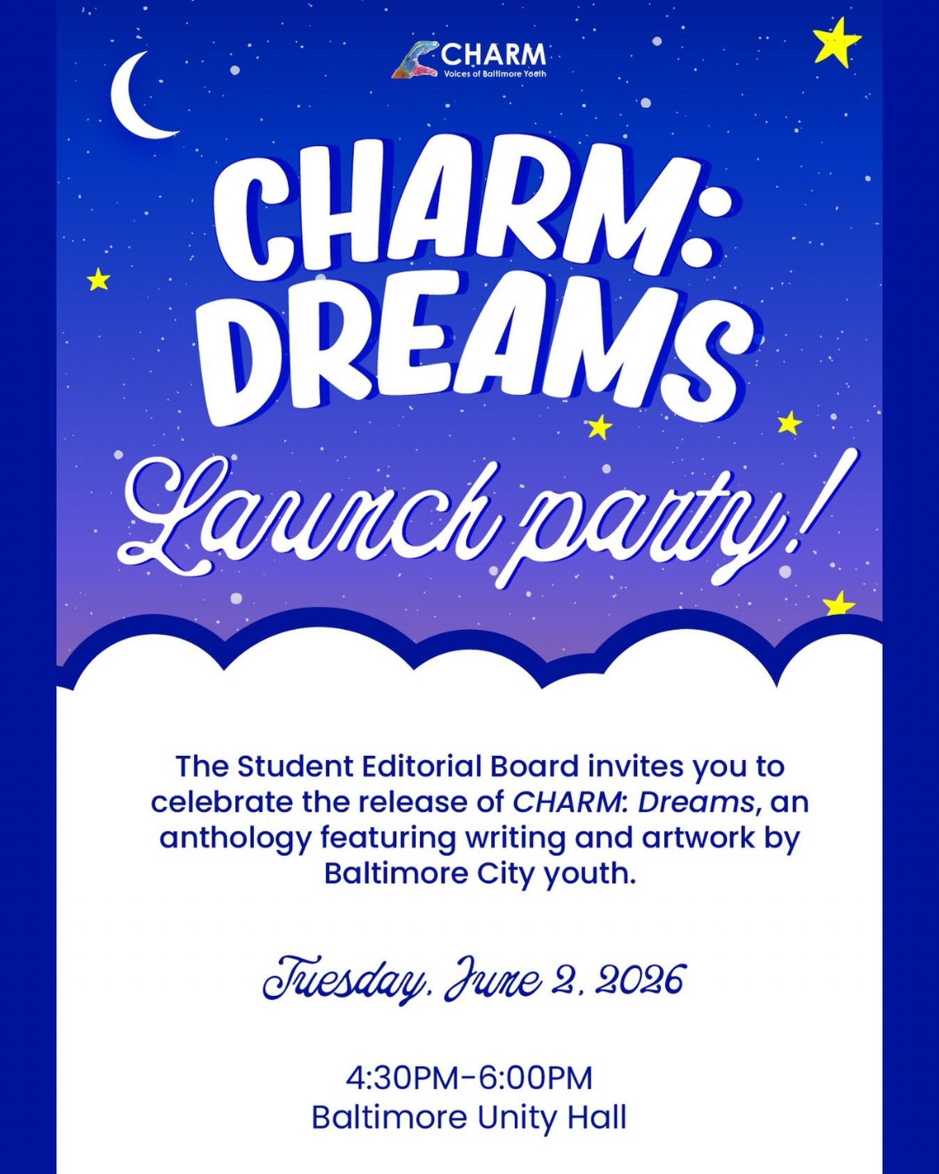 The Student Editorial Board&rsquo;s latest publication is here, and it&rsquo;s one to remember! 💭✨

Join us on Tuesday, June 2 from 4:30&ndash;6:00 PM as we celebrate the release of their latest anthology, CHARM: Dreams, featuring original writing a
