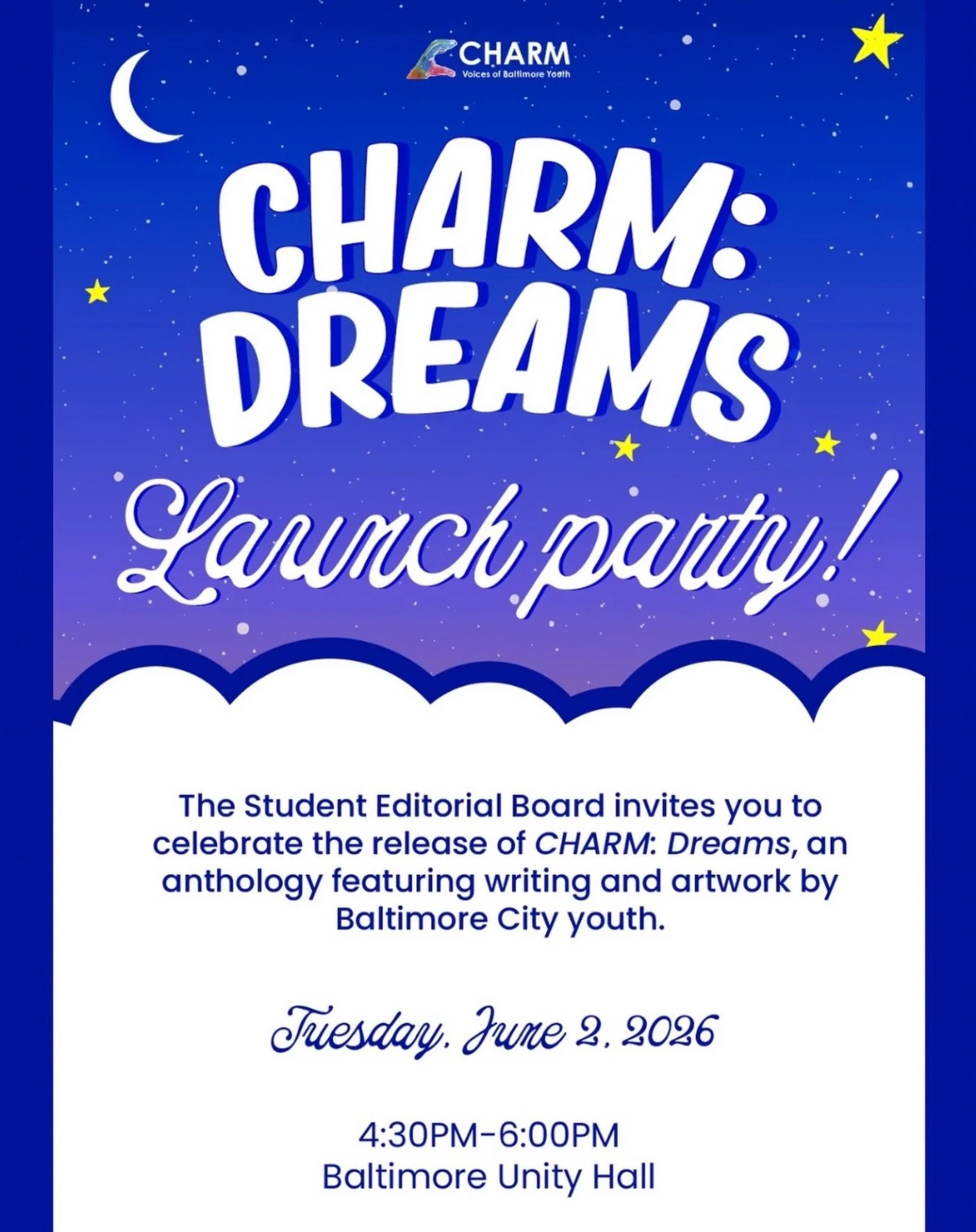 ✨ Tomorrow&rsquo;s the day! ✨

Join us as we celebrate the launch of CHARM Dreams, our latest publication featuring original writing and artwork by Baltimore youth.

We can&rsquo;t wait to share this special evening with you!

🔗 Link in bio to regis