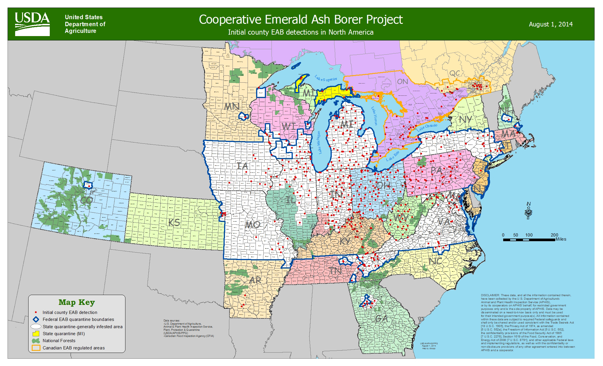 Emerald Ash Borer detections, as of August 1, 2014 (USDA/APHIS)