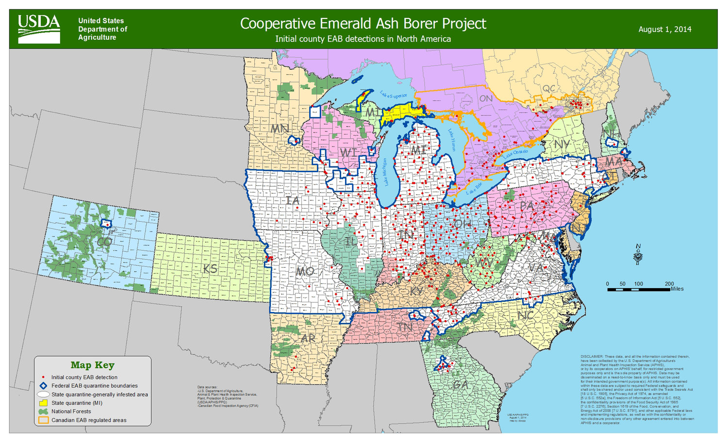 Emerald Ash Borer detections, as of August 1, 2014 (USDA/APHIS)
