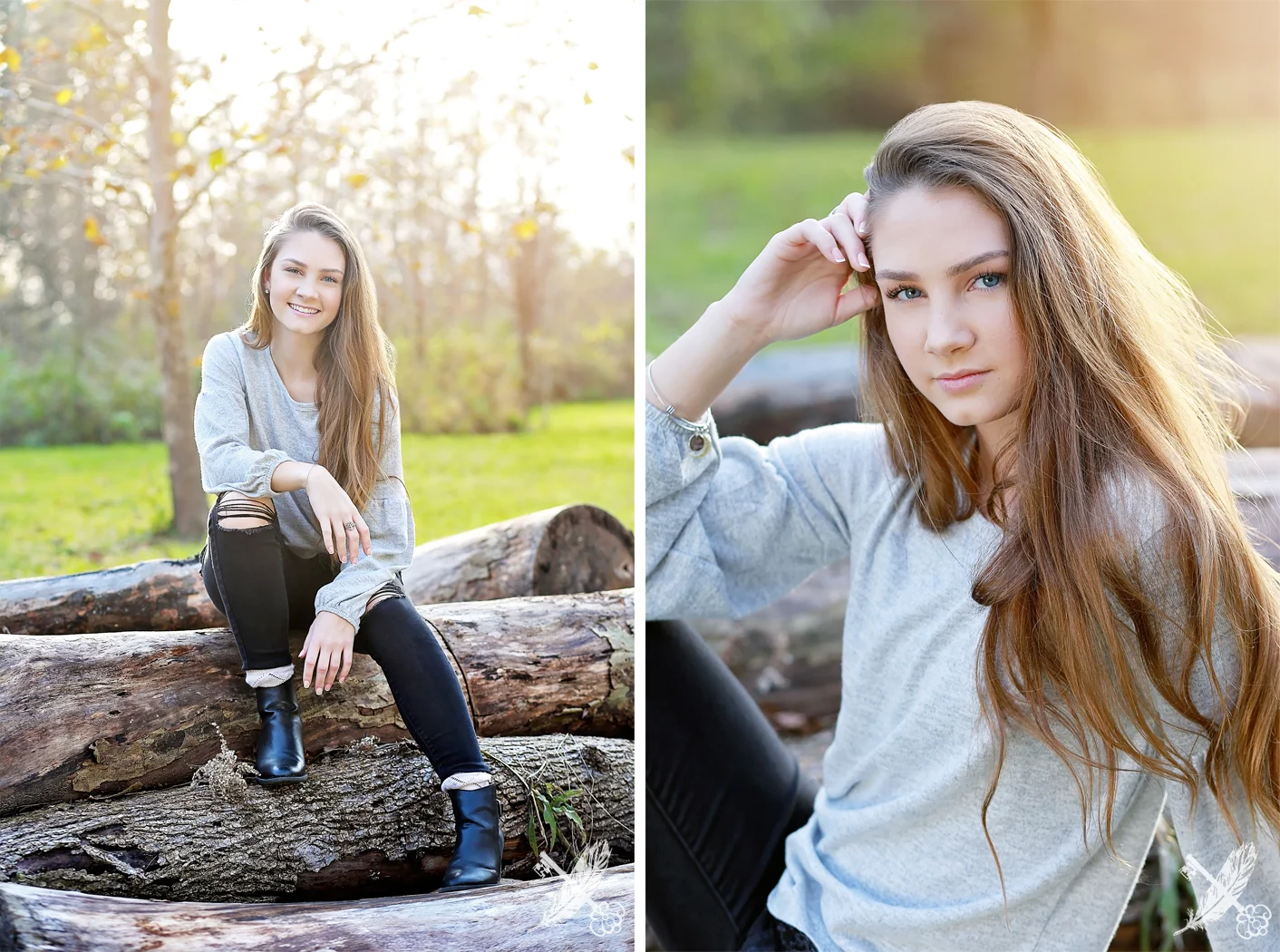 Senior girl in natural environment for senior photos with feather and key photography.