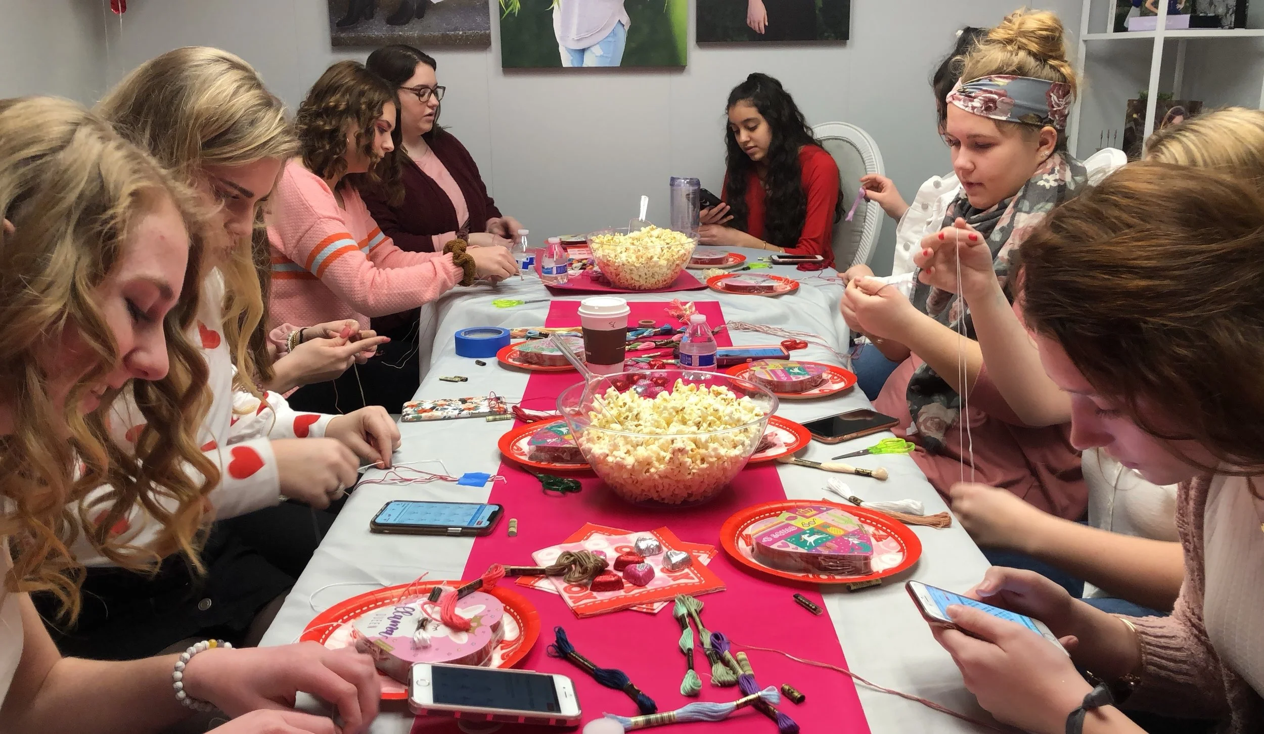 The feather and key dream team making friendship bracelets for our galentines day random acts of kindness project