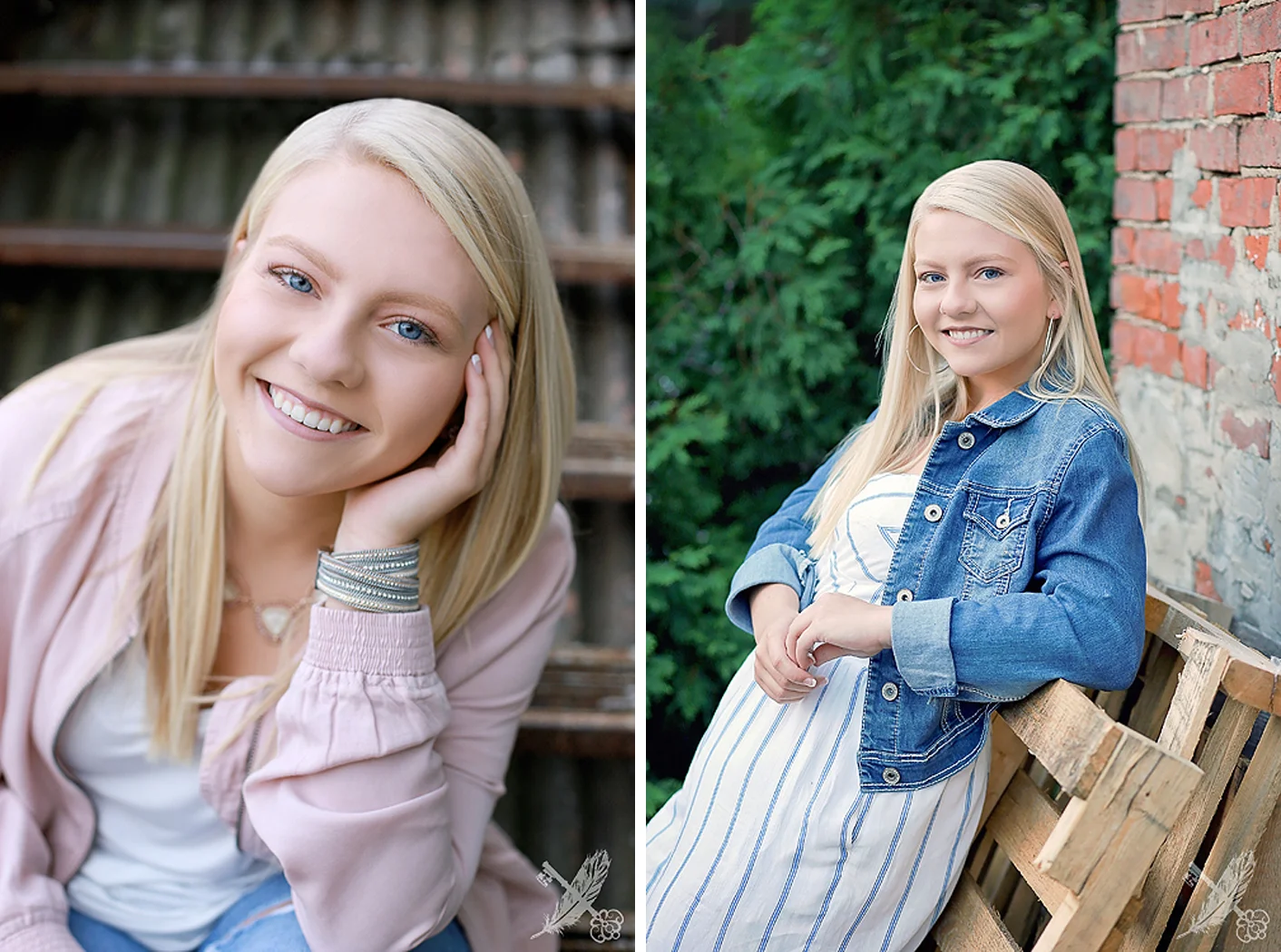 Two images side by side of HNHS senior girl in urban downtown Huntington locations with feather and key photography watermark in corner.