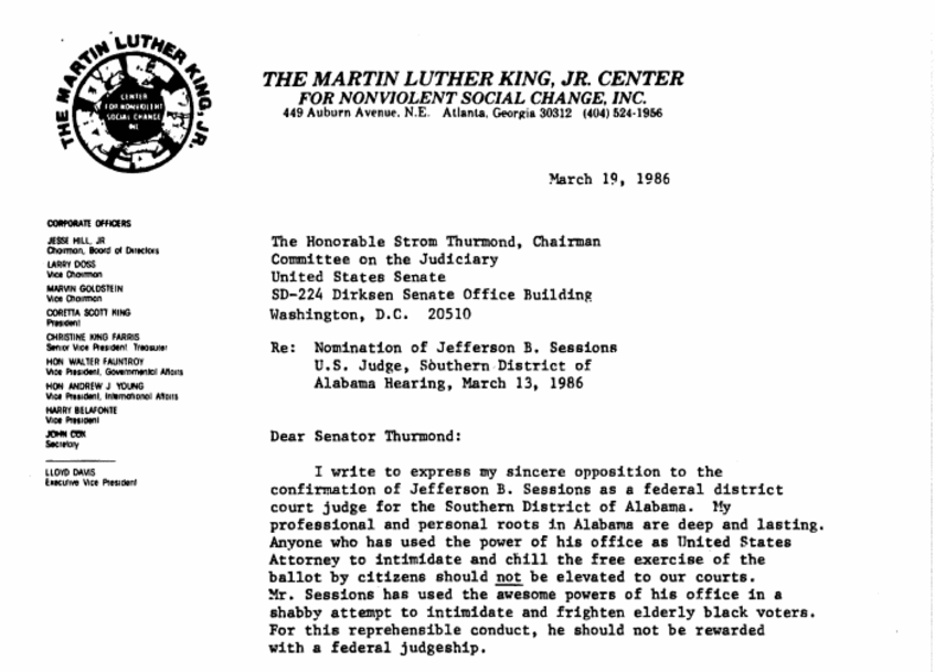 King's letter condemning Sessions, photo via The Martin Luther King Jr. Center