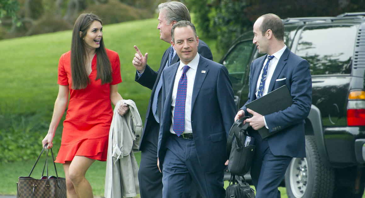 Hicks, pictured with Steve Bannon and Reince Priebus before boarding Air Force One, photo via New York Times