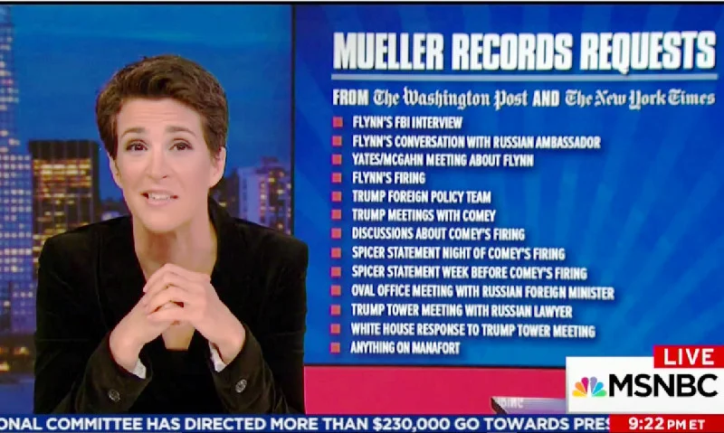 Rachel Maddow covering documents Mueller has requested, photo via MSNBC