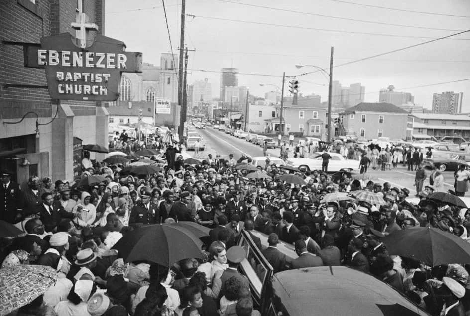 the rainy day of King's funeral at Ebenezer Baptist Church, photo via Getty Images