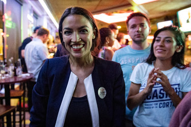 Alexandria Ocasio-Cortez on primary night, photo via New York Times