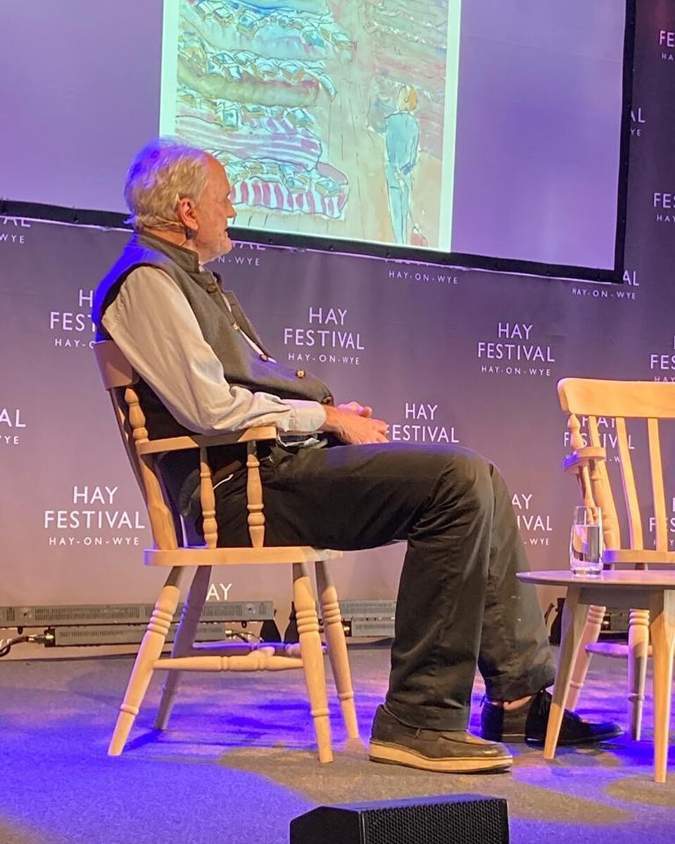 Nick with one of his illustrations in the background @hayfestival discussing the illustrations he did for @lindawriter1 new book @10thingsmoney 
.
.
.
#nickbashall #illustrations #drawing #cartoon #painter #hayfestival